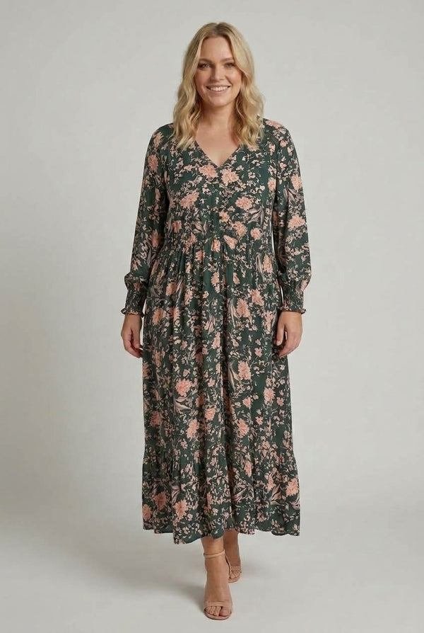 Teal | Curve Floral Long Sleeve Lace Maxi Dress