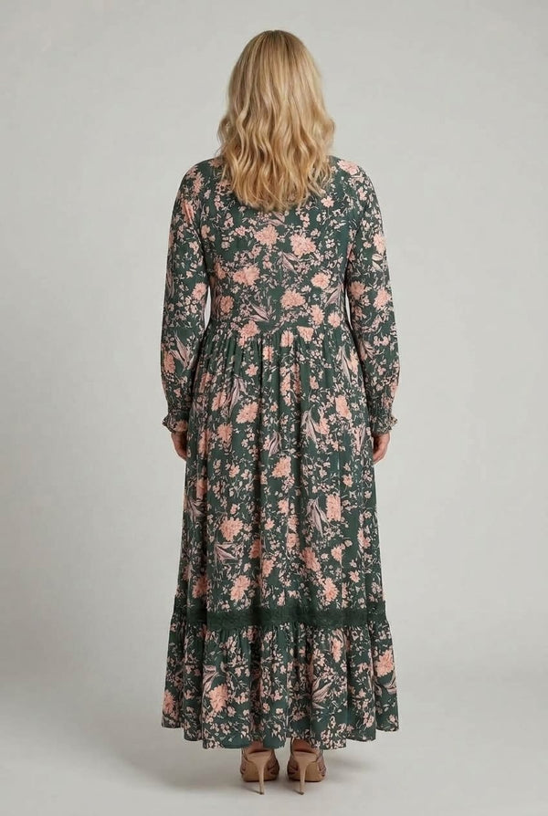Teal | Curve Floral Long Sleeve Lace Maxi Dress