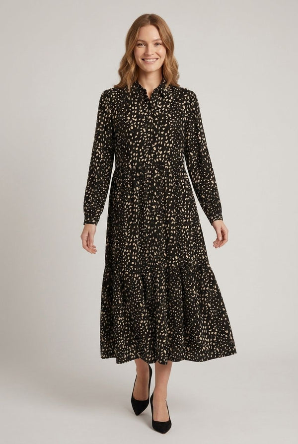 Black | Printed Collared Long Sleeve Midi Dress