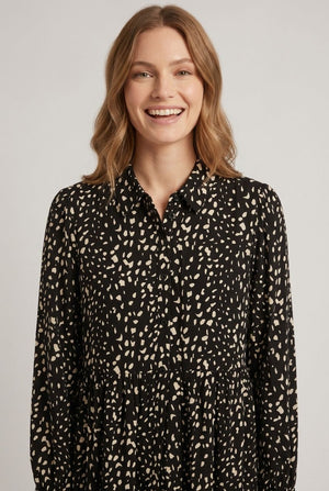 Black | Printed Collared Long Sleeve Midi Dress