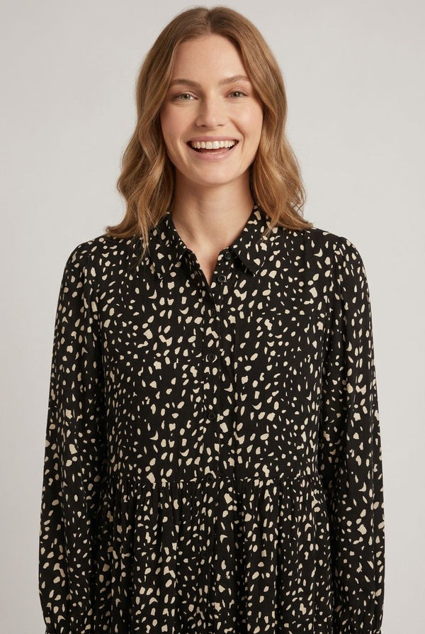 Black | Printed Collared Long Sleeve Midi Dress