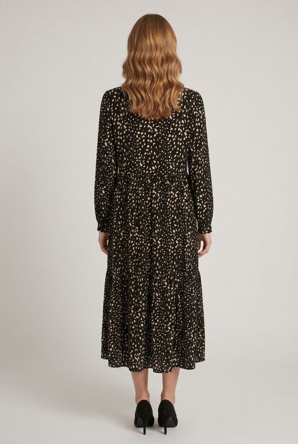 Black | Printed Collared Long Sleeve Midi Dress