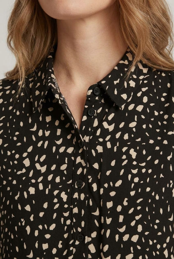 Black | Printed Collared Long Sleeve Midi Dress