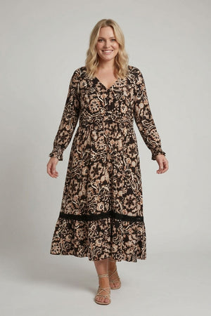 Black | Curve Floral Lace Trim V-Neck Maxi Dress