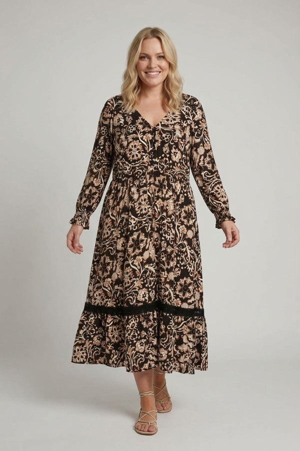Black | Curve Floral Lace Trim V-Neck Maxi Dress