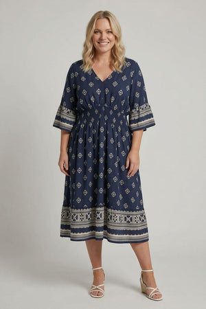 Navy | Curve Printed Shirred Knee Length Dress