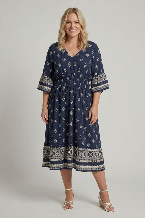 Navy | Curve Printed Shirred Knee Length Dress