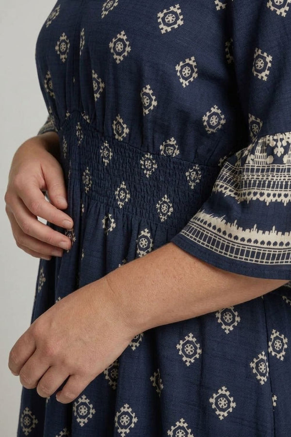 Navy | Curve Printed Shirred Knee Length Dress