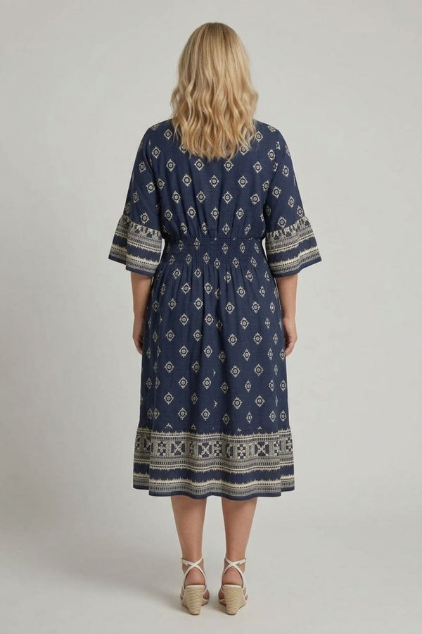 Navy | Curve Printed Shirred Knee Length Dress