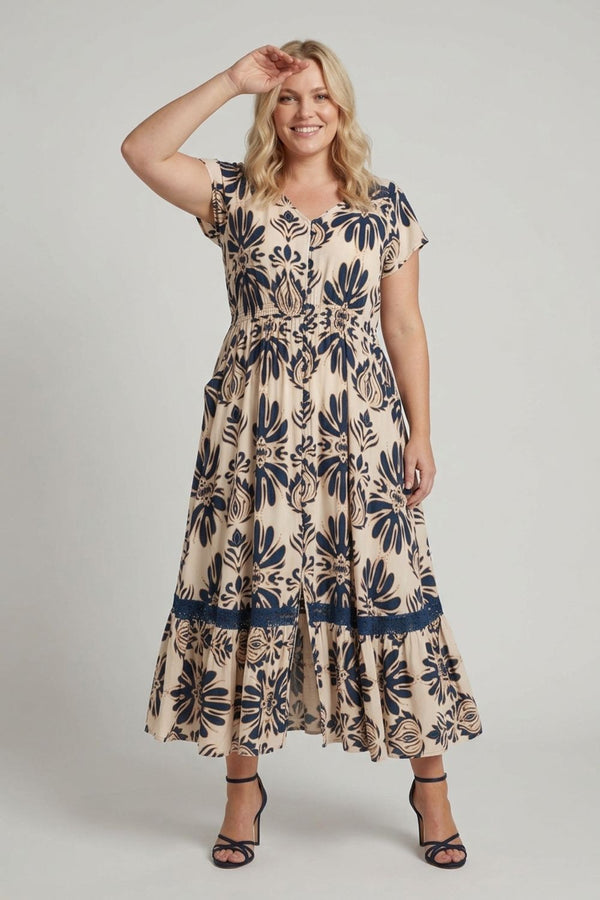 Navy | Curve Printed Lace Cap Sleeve Maxi Dress