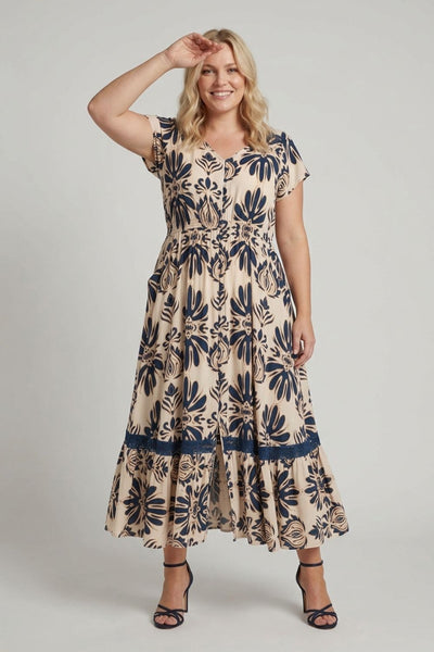 Navy | Curve Printed Lace Cap Sleeve Maxi Dress
