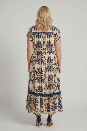 Navy | Curve Printed Lace Cap Sleeve Maxi Dress