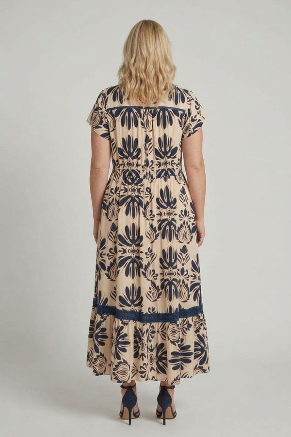 Navy | Curve Printed Lace Cap Sleeve Maxi Dress