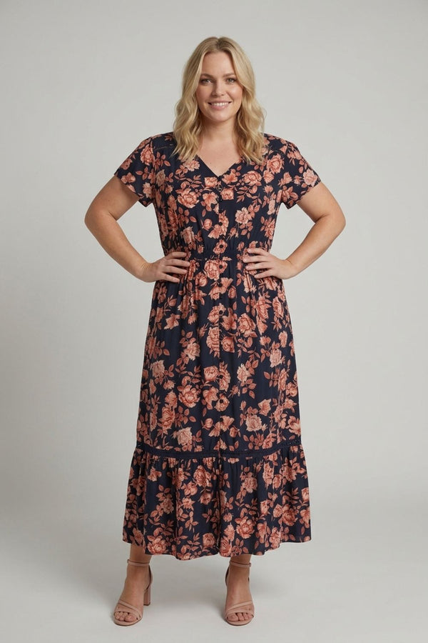 Navy | Curve Lace Tiered Cap Sleeve Maxi Dress