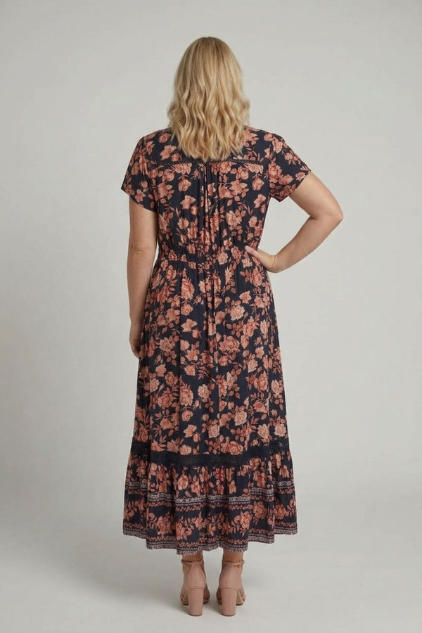 Navy | Curve Lace Tiered Cap Sleeve Maxi Dress