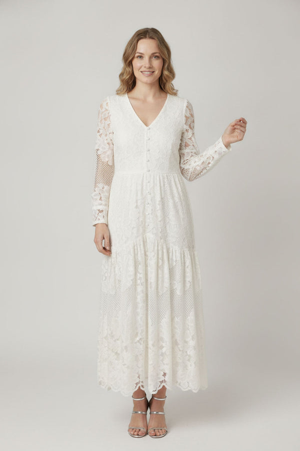 White | Semi Sheer Lace Long Sleeve Maxi Dress