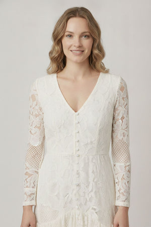 White | Semi Sheer Lace Long Sleeve Maxi Dress
