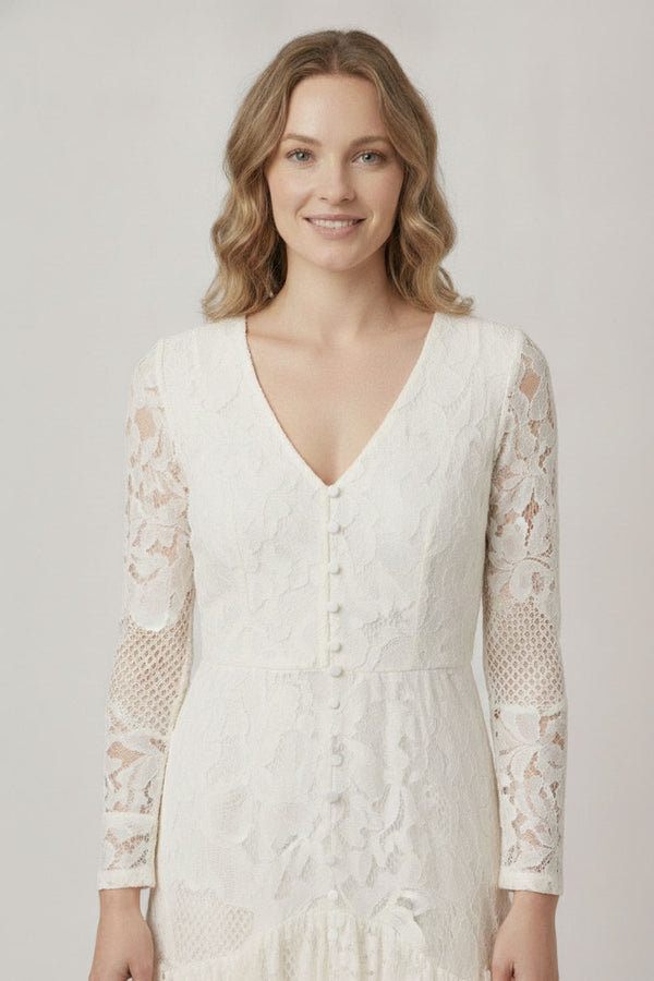 White | Semi Sheer Lace Long Sleeve Maxi Dress