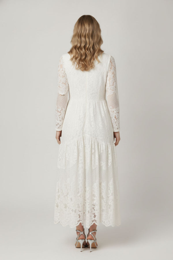 White | Semi Sheer Lace Long Sleeve Maxi Dress