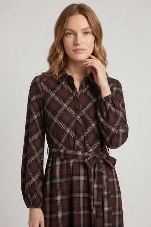 Brown | Checked 3/4 Sleeve Maxi Shirt Dress