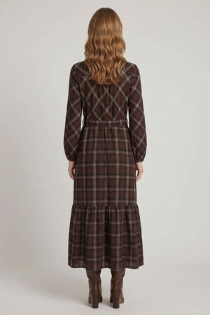 Brown | Checked 3/4 Sleeve Maxi Shirt Dress
