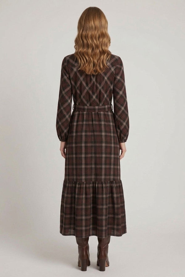Brown | Checked 3/4 Sleeve Maxi Shirt Dress