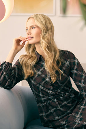 Brown | Checked 3/4 Sleeve Maxi Shirt Dress : Model is 5'10