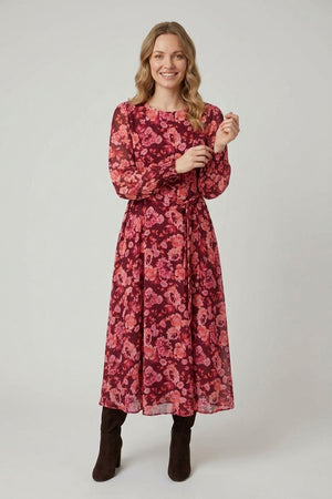 Red | Floral Layered Long Sleeve Maxi Dress