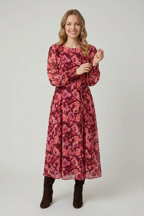 Red | Floral Layered Long Sleeve Maxi Dress