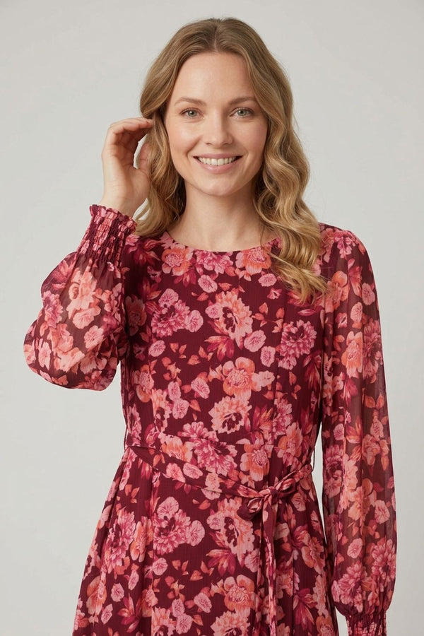 Red | Floral Layered Long Sleeve Maxi Dress