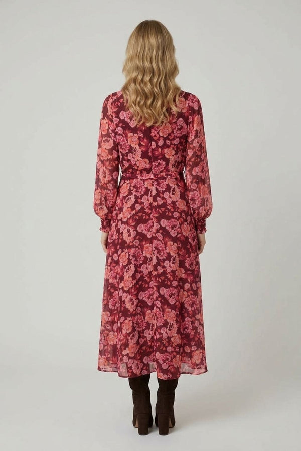 Red | Floral Layered Long Sleeve Maxi Dress