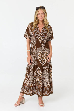 Brown | Paisley Relaxed 1/2 Sleeve Maxi Dress : Model is 5'10