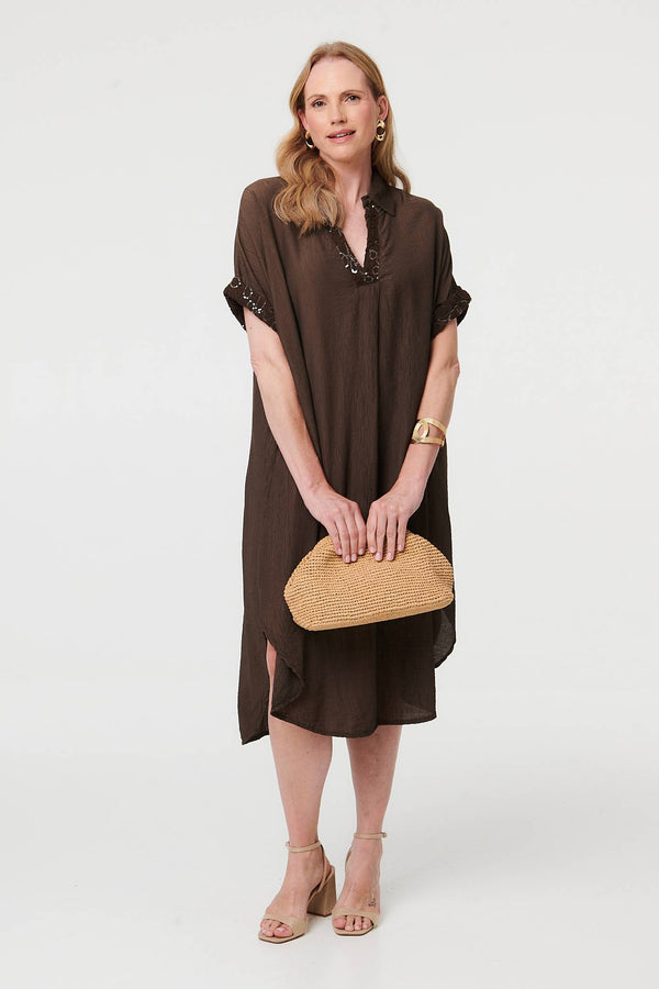 Brown | Sequin Trim V-Neck Relaxed Midi Dress