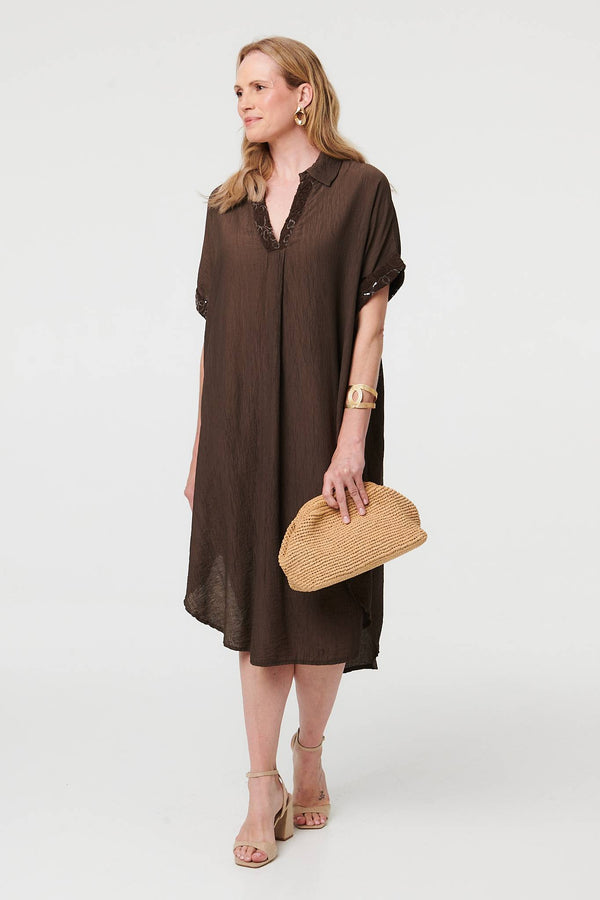 Brown | Sequin Trim V-Neck Relaxed Midi Dress