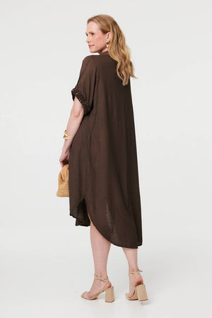 Brown | Sequin Trim V-Neck Relaxed Midi Dress