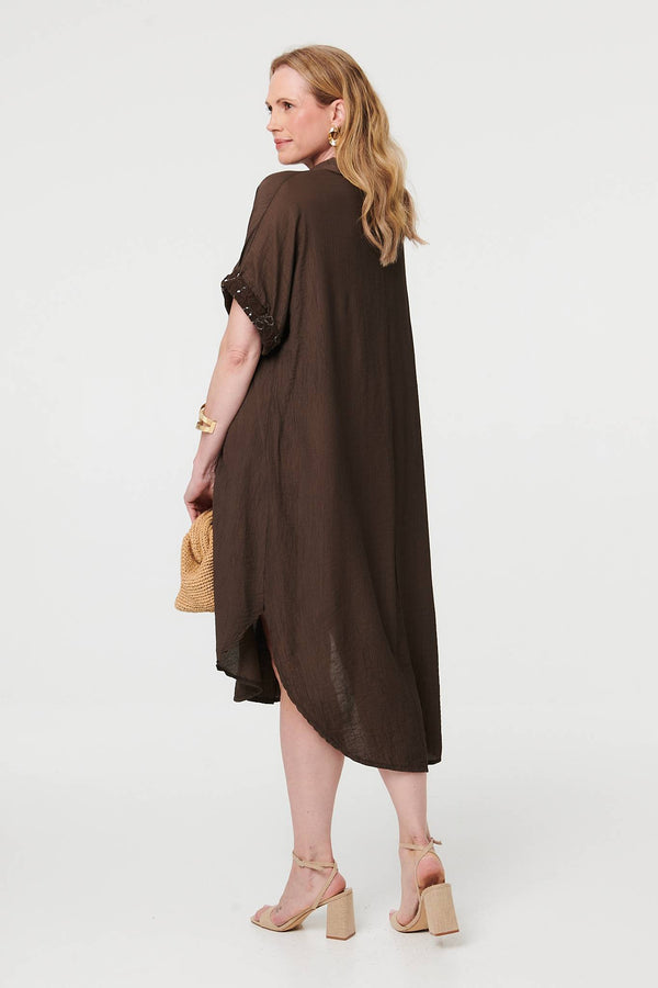 Brown | Sequin Trim V-Neck Relaxed Midi Dress