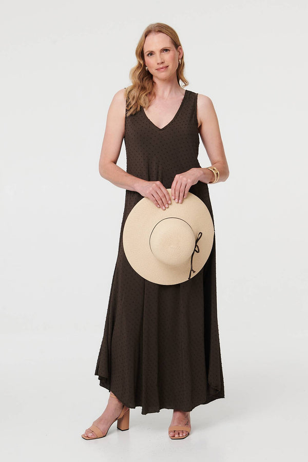 Brown | Polka Dot Textured Sleeveless Maxi Dress
