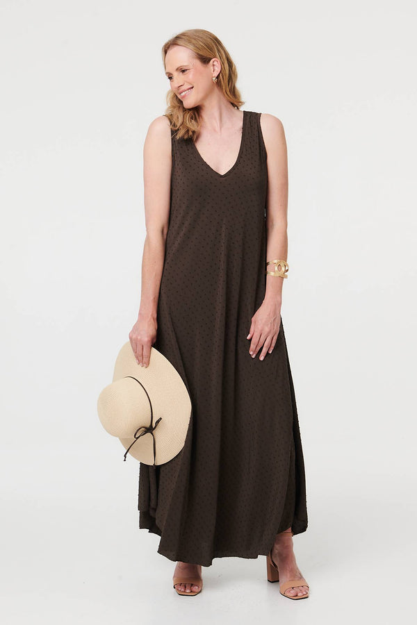 Brown | Polka Dot Textured Sleeveless Maxi Dress