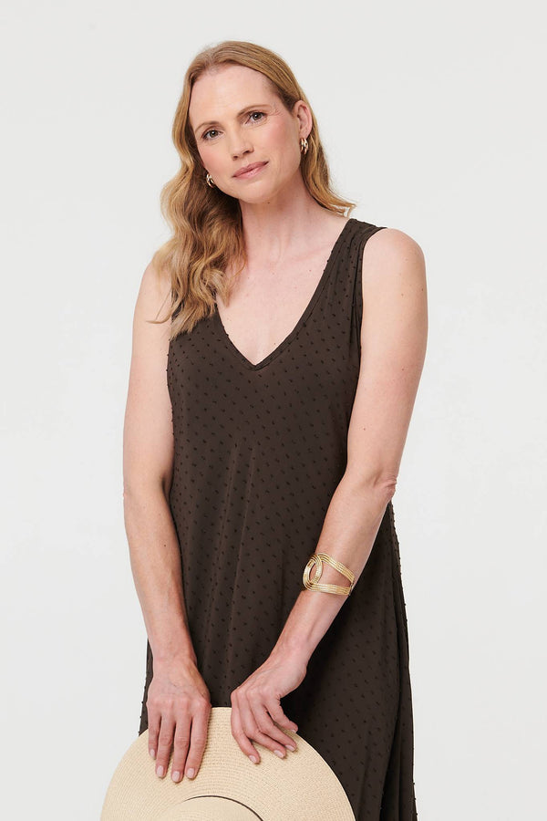 Brown | Polka Dot Textured Sleeveless Maxi Dress