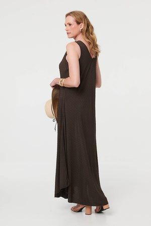 Brown | Polka Dot Textured Sleeveless Maxi Dress