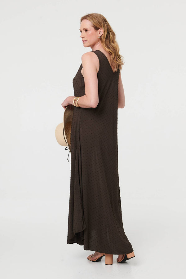 Brown | Polka Dot Textured Sleeveless Maxi Dress