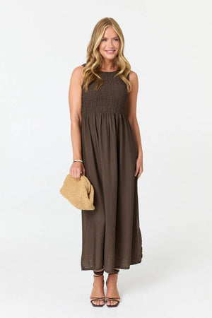 Brown | Shirred Sleeveless A-Line Maxi Dress
