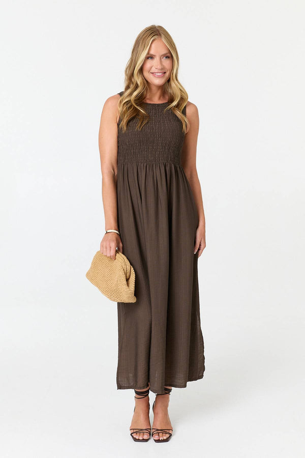 Brown | Shirred Sleeveless A-Line Maxi Dress