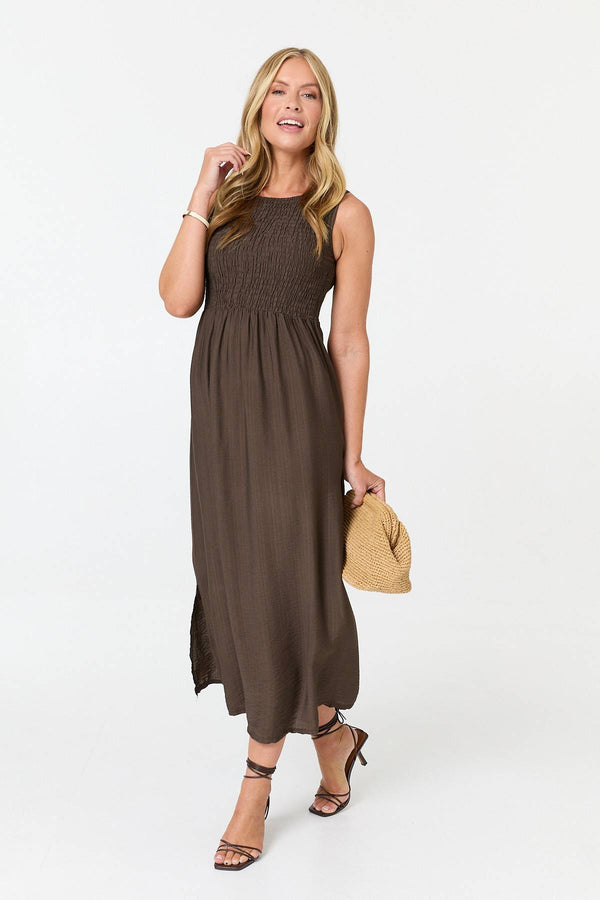 Brown | Shirred Sleeveless A-Line Maxi Dress