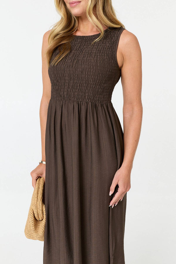 Brown | Shirred Sleeveless A-Line Maxi Dress