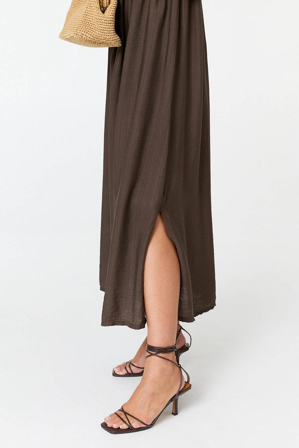 Brown | Shirred Sleeveless A-Line Maxi Dress