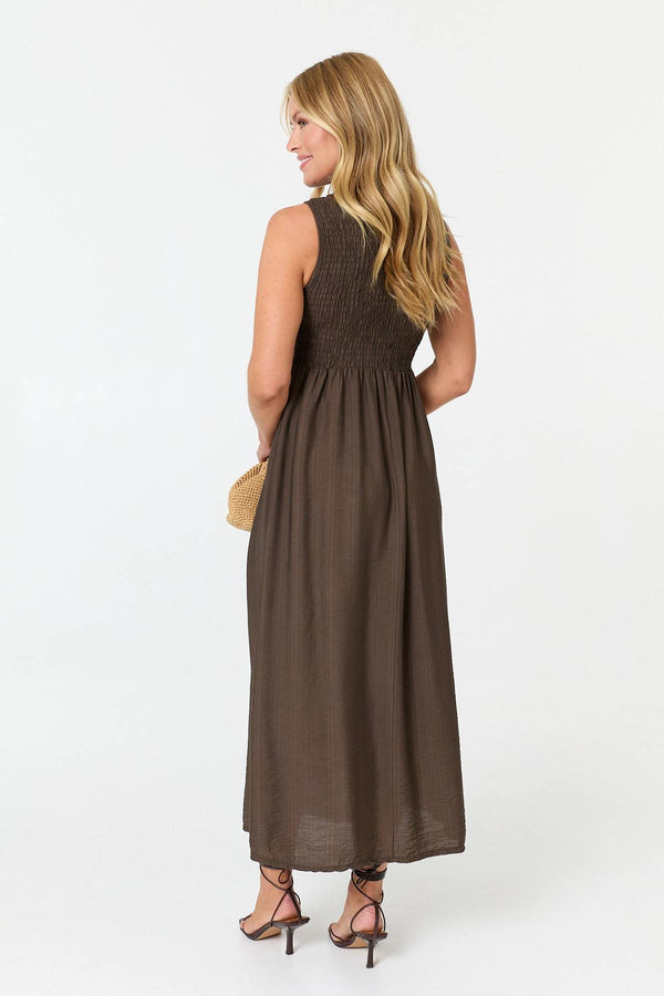 Brown | Shirred Sleeveless A-Line Maxi Dress