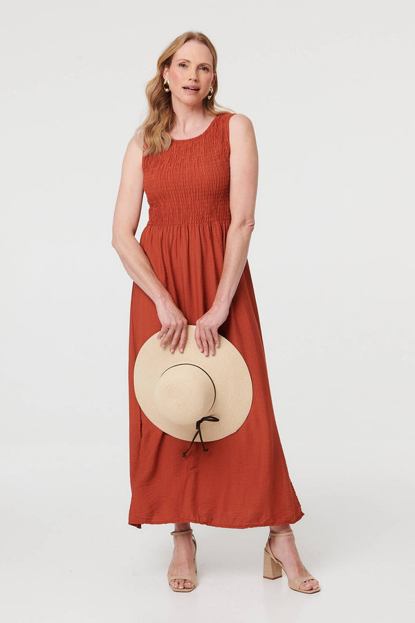 Rust | Shirred Sleeveless A-Line Maxi Dress