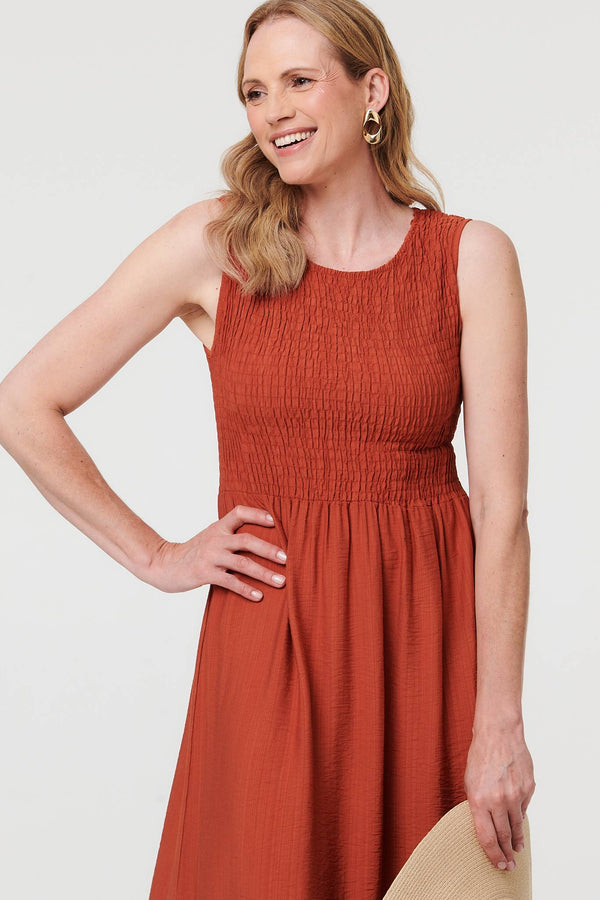 Rust | Shirred Sleeveless A-Line Maxi Dress