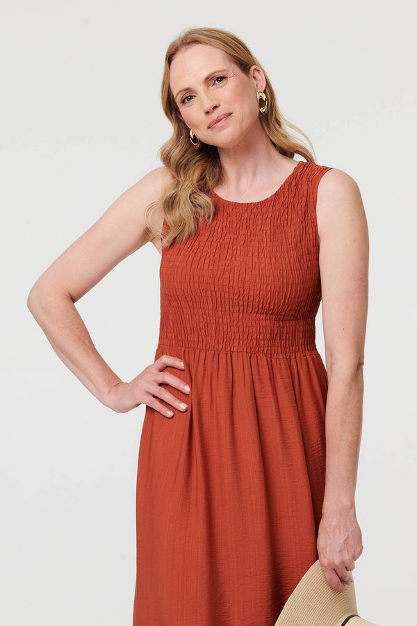 Rust | Shirred Sleeveless A-Line Maxi Dress